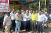 Private bus operators hold token demonstration protesting ‘unlawful’ toll collection at Hejmady and Sasthana